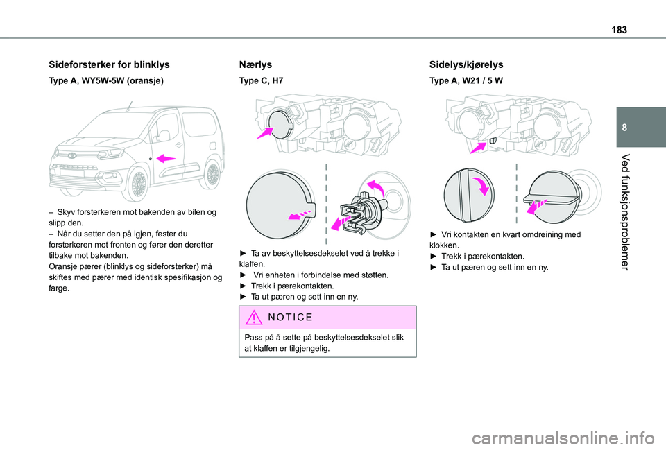 TOYOTA PROACE CITY 2020 Instruksjoner for bruk (in Norwegian) 183
Ved funksjonsproblemer
8
Sideforsterker for blinklys
Type A, WY5W-5W (oransje)
– Skyv forsterkeren mot bakenden av bilen og slipp den.– Når du setter den på igjen, fester du forsterkeren TOYOTA PROACE CITY 2020 Instruksjoner for bruk (in Norwegian) 183
Ved funksjonsproblemer
8
Sideforsterker for blinklys
Type A, WY5W-5W (oransje)
– Skyv forsterkeren mot bakenden av bilen og slipp den.– Når du setter den på igjen, fester du forsterkeren