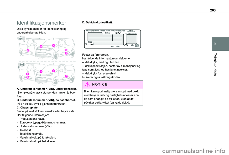 TOYOTA PROACE CITY 2020 Instruksjoner for bruk (in Norwegian) 203
Tekniske data
9
Identifikasjonsmerker
Ulike synlige merker for identifisering og undersøkelser av bilen.
A. Understellsnummer (VIN), under panseret. Stemplet på chassiset, nær den høyre hju TOYOTA PROACE CITY 2020 Instruksjoner for bruk (in Norwegian) 203
Tekniske data
9
Identifikasjonsmerker
Ulike synlige merker for identifisering og undersøkelser av bilen.
A. Understellsnummer (VIN), under panseret. Stemplet på chassiset, nær den høyre hju