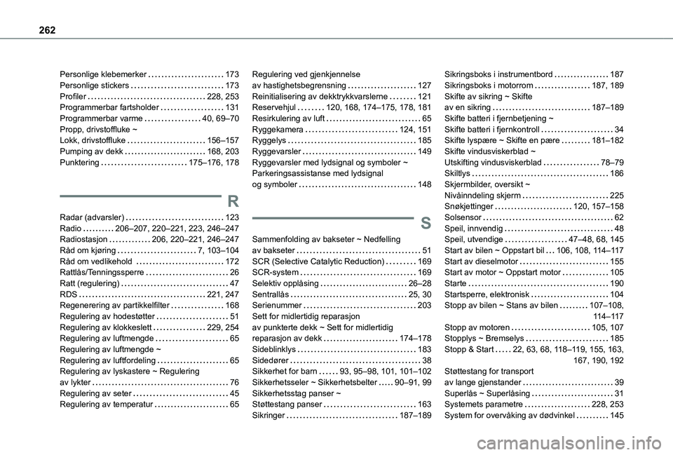 TOYOTA PROACE CITY 2020  Instruksjoner for bruk (in Norwegian) 262
Personlige klebemerker   173Personlige stickers   173Profiler   228, 253Programmerbar fartsholder   131Programmerbar varme   40, 69–70Propp, drivstoffluke ~  Lokk, drivstoffluke   156–157Pumpi