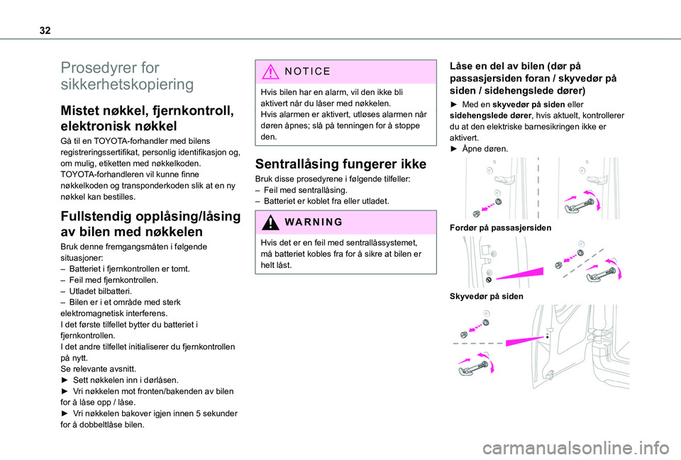 TOYOTA PROACE CITY 2020 Instruksjoner for bruk (in Norwegian) 32
Prosedyrer for
sikkerhetskopiering
Mistet nøkkel, fjernkontroll,
elektronisk nøkkel
Gå til en TOYOTA-forhandler med bilens registreringssertifikat, personlig identifikasjon og, om mulig, etike TOYOTA PROACE CITY 2020 Instruksjoner for bruk (in Norwegian) 32
Prosedyrer for
sikkerhetskopiering
Mistet nøkkel, fjernkontroll,
elektronisk nøkkel
Gå til en TOYOTA-forhandler med bilens registreringssertifikat, personlig identifikasjon og, om mulig, etike