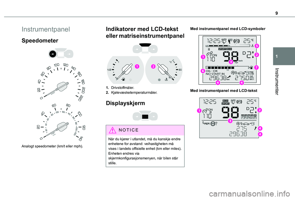 TOYOTA PROACE CITY 2020  Instruksjoner for bruk (in Norwegian) 9
Instrumenter
1
Instrumentpanel
Speedometer 
  
 
Analogt speedometer (km/t eller mph).
Indikatorer med LCD-tekst 
eller matriseinstrumentpanel 
 
1.Drivstoffmåler.
2.Kjølevæsketemperaturmåler.
D