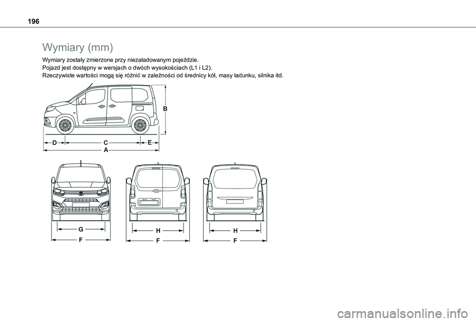 TOYOTA PROACE CITY 2020 Instrukcja obsługi (in Polish) 196
Wymiary (mm)
Wymiary zostały zmierzone przy niezaładowanym pojeździe.Pojazd jest dostępny w wersjach o dwóch wysokościach (L1 i L2).Rzeczywiste wartości mogą się różnić w zależności TOYOTA PROACE CITY 2020 Instrukcja obsługi (in Polish) 196
Wymiary (mm)
Wymiary zostały zmierzone przy niezaładowanym pojeździe.Pojazd jest dostępny w wersjach o dwóch wysokościach (L1 i L2).Rzeczywiste wartości mogą się różnić w zależności