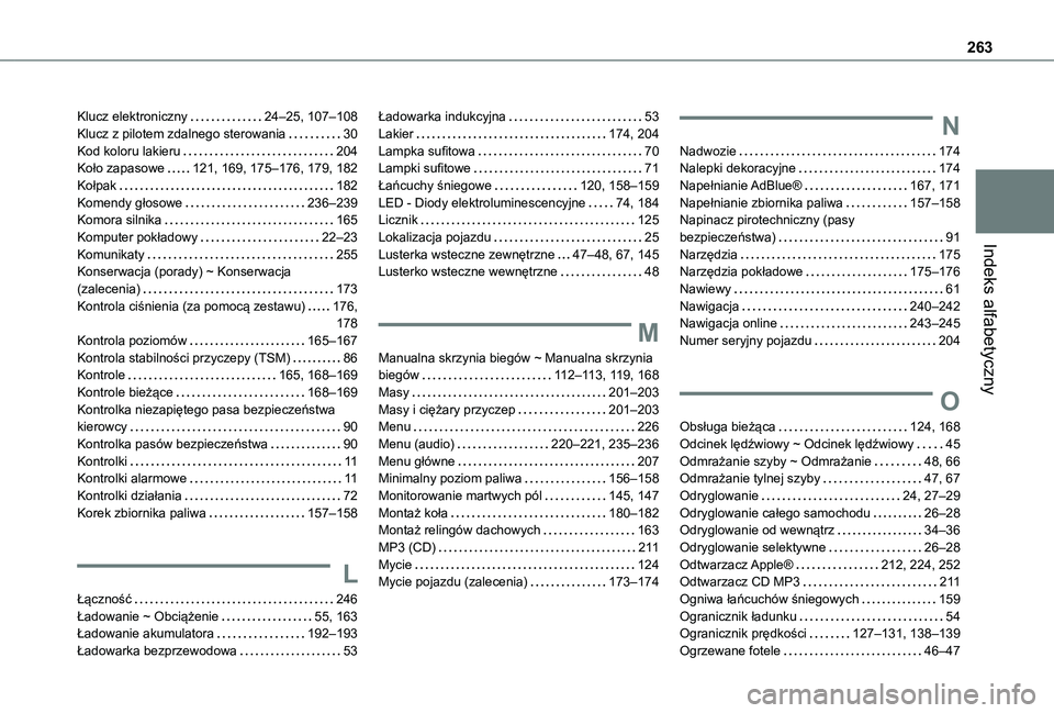 TOYOTA PROACE CITY 2020 Instrukcja obsługi (in Polish) 263
Indeks alfabetyczny
Klucz elektroniczny 24–25, 107–108Klucz z pilotem zdalnego sterowania 30Kod koloru lakieru 204Koło zapasowe 121, 169, 175–176, 179, 182Kołpak 182Komendy głos TOYOTA PROACE CITY 2020 Instrukcja obsługi (in Polish) 263
Indeks alfabetyczny
Klucz elektroniczny 24–25, 107–108Klucz z pilotem zdalnego sterowania 30Kod koloru lakieru 204Koło zapasowe 121, 169, 175–176, 179, 182Kołpak 182Komendy głos