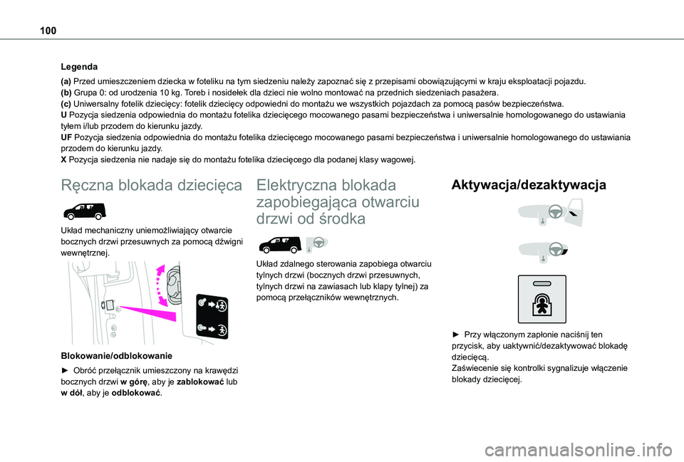 TOYOTA PROACE CITY 2020 Instrukcja obsługi (in Polish) 100
Legenda
(a) Przed umieszczeniem dziecka w foteliku na tym siedzeniu należy zapoznać się z przepisami obowiązującymi w kraju eksploatacji pojazdu.(b) Grupa 0: od urodzenia 10 kg. Toreb i nosid TOYOTA PROACE CITY 2020 Instrukcja obsługi (in Polish) 100
Legenda
(a) Przed umieszczeniem dziecka w foteliku na tym siedzeniu należy zapoznać się z przepisami obowiązującymi w kraju eksploatacji pojazdu.(b) Grupa 0: od urodzenia 10 kg. Toreb i nosid