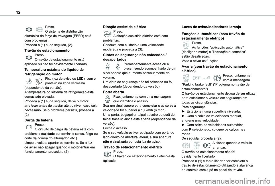 TOYOTA PROACE CITY 2020 Manual de utilização (in Portuguese) 12
Preso.O sistema de distribuição eletrónica da força de travagem (EBFD) está com problemas.Proceda a (1) e, de seguida, (2).
Travão de estacionamentoPreso.O travão de estacionamento está apl TOYOTA PROACE CITY 2020 Manual de utilização (in Portuguese) 12
Preso.O sistema de distribuição eletrónica da força de travagem (EBFD) está com problemas.Proceda a (1) e, de seguida, (2).
Travão de estacionamentoPreso.O travão de estacionamento está apl