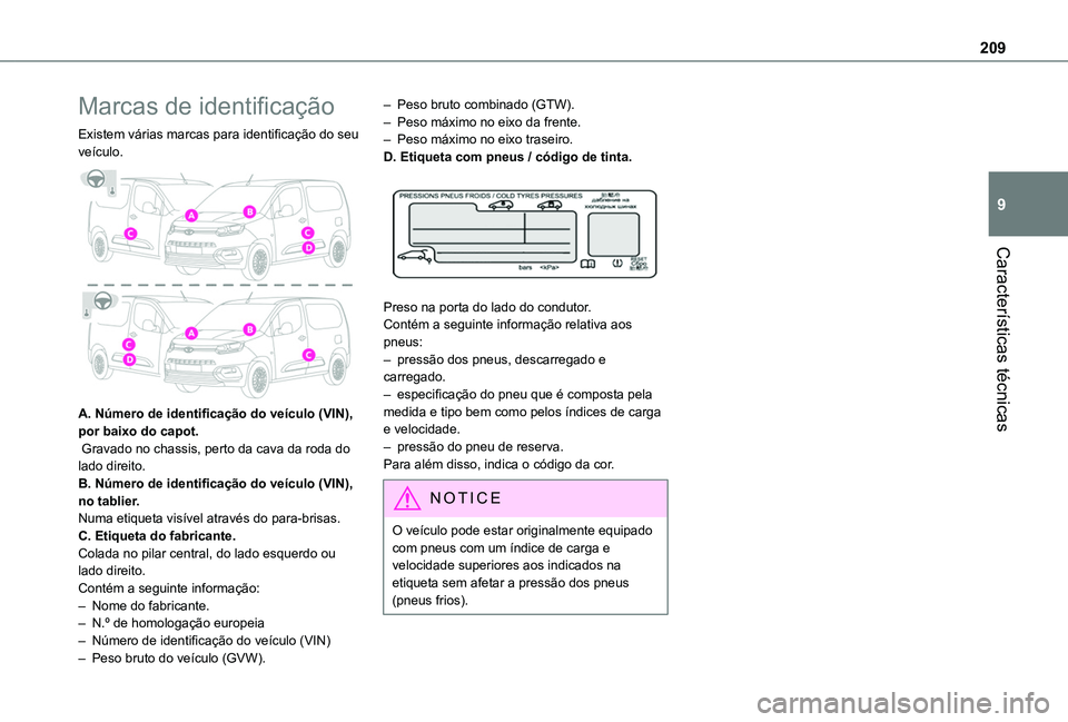 TOYOTA PROACE CITY 2020 Manual de utilização (in Portuguese) 209
CaracterÃsticas técnicas
9
Marcas de identificação
Existem várias marcas para identificação do seu veÃculo.
A. Número de identificação do veÃculo (VIN), por baixo do capot. Gravado TOYOTA PROACE CITY 2020 Manual de utilização (in Portuguese) 209
CaracterÃsticas técnicas
9
Marcas de identificação
Existem várias marcas para identificação do seu veÃculo.
A. Número de identificação do veÃculo (VIN), por baixo do capot. Gravado