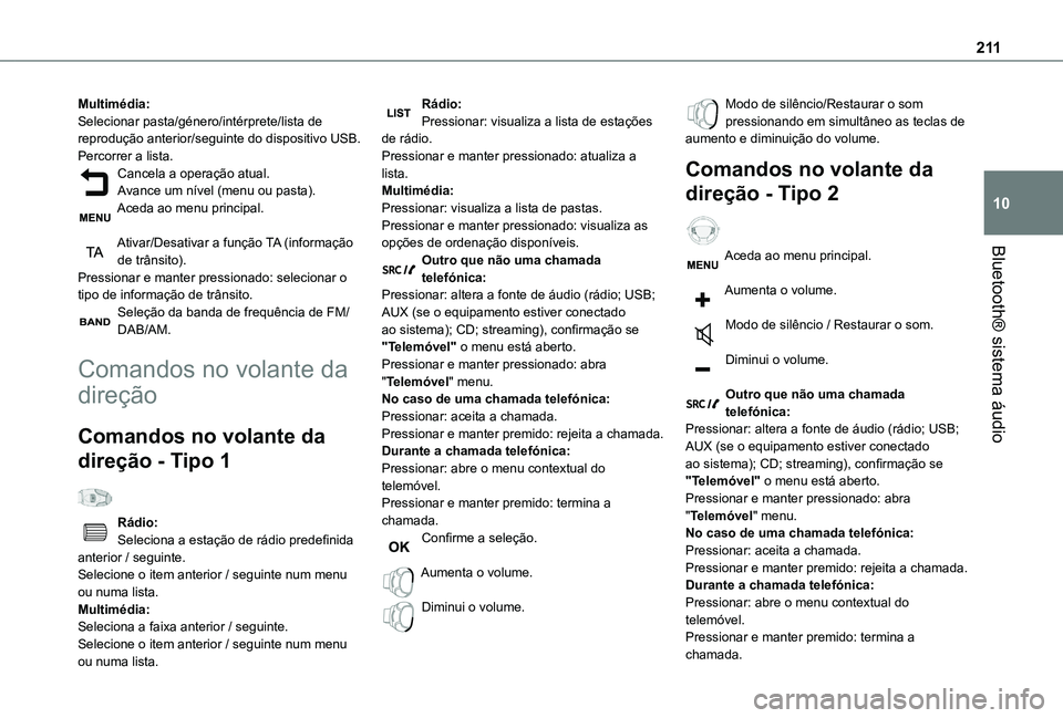 TOYOTA PROACE CITY 2020 Manual de utilização (in Portuguese) 2 11
Bluetooth® sistema áudio
10
Multimédia:Selecionar pasta/género/intérprete/lista de reprodução anterior/seguinte do dispositivo USB.Percorrer a lista.Cancela a operação atual.Avance um n TOYOTA PROACE CITY 2020 Manual de utilização (in Portuguese) 2 11
Bluetooth® sistema áudio
10
Multimédia:Selecionar pasta/género/intérprete/lista de reprodução anterior/seguinte do dispositivo USB.Percorrer a lista.Cancela a operação atual.Avance um n