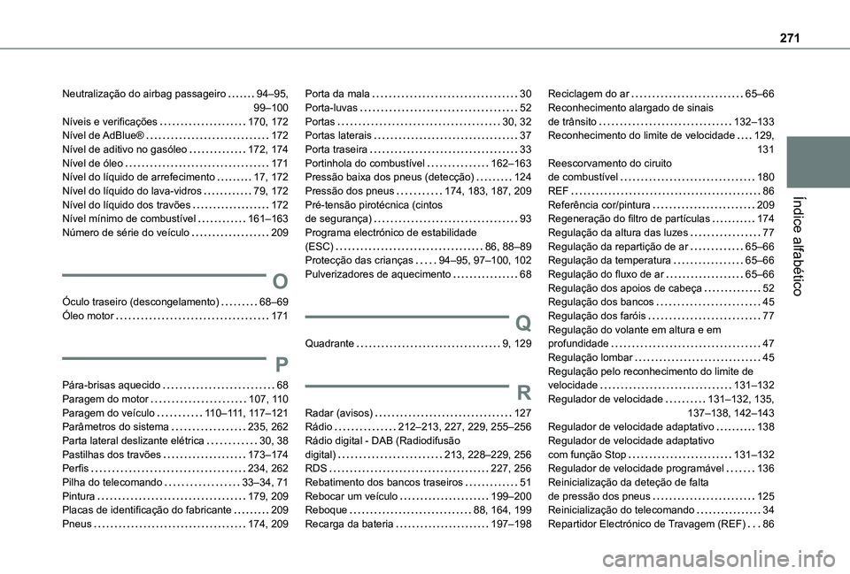 TOYOTA PROACE CITY 2020  Manual de utilização (in Portuguese) 271
Índice alfabético
Neutralização do airbag passageiro   94–95,   99–100Níveis e verificações   170, 172Nível  de AdBlue®   172Nível de aditivo no gasóleo   172, 174Nível de óleo   