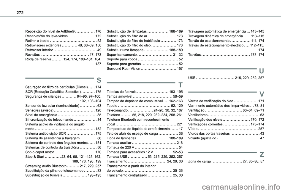 TOYOTA PROACE CITY 2020  Manual de utilização (in Portuguese) 272
Reposição do nível de AdBlue®   176Reservatótio do lava-vidros   172Retirar o tapete   52Retrovisores exteriores   48, 68–69, 150Retrovisor interior   49Revisões    17, 173Roda de reserva 