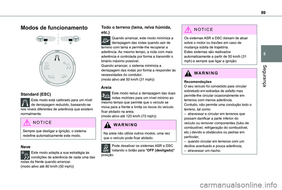 TOYOTA PROACE CITY 2020  Manual de utilização (in Portuguese) 89
Segurança
5
Modos de funcionamento 
  
 
Standard (ESC)
Este modo está calibrado para um nível de derrapagem reduzido, baseando-se nos níveis diferentes de aderência que existem normalmente.
N