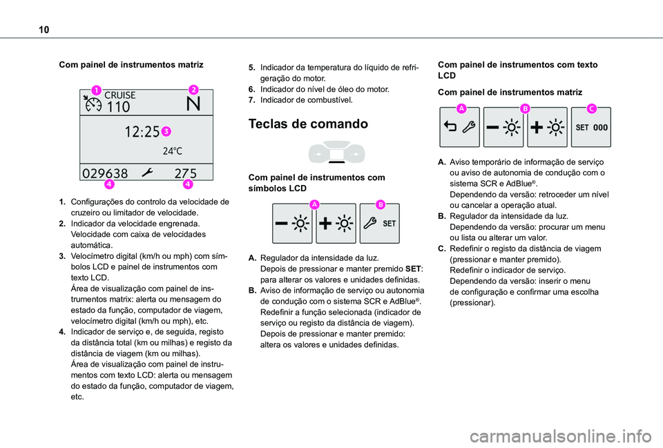 TOYOTA PROACE CITY 2020  Manual de utilização (in Portuguese) 10
Com painel de instrumentos matriz 
 
1.Configurações do controlo da velocidade de cruzeiro ou limitador de velocidade.
2.Indicador da velocidade engrenada.Velocidade com caixa de velocidades auto