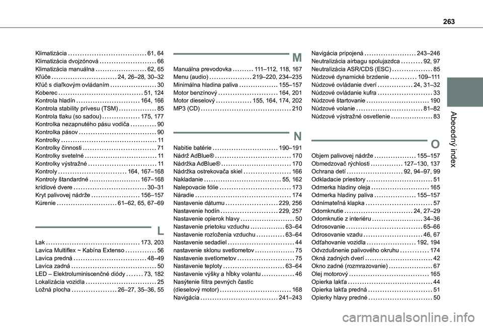 TOYOTA PROACE CITY 2020  Návod na použitie (in Slovakian) 263
Abecedný index
Klimatizácia   61, 64Klimatizácia dvojzónová   66Klimatizácia manuálna   62, 65Kľúče   24, 26–28, 30–32Kľúč s diaľkovým ovládaním   30Koberec   51, 124Kontrola 
