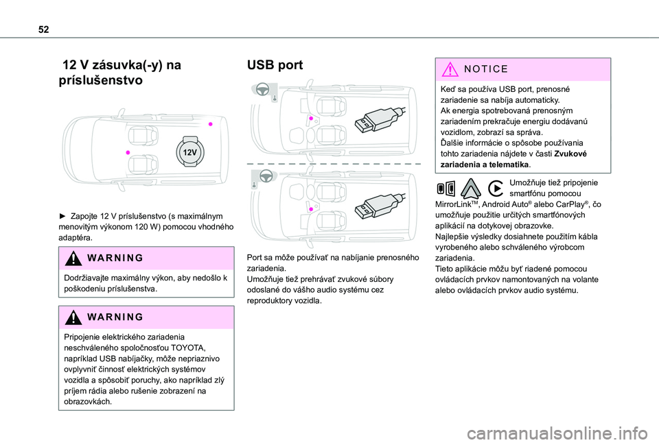 TOYOTA PROACE CITY 2020 Návod na použitie (in Slovakian) 52
12 V zásuvka(-y) na
príslušenstvo
► Zapojte 12 V príslušenstvo (s maximálnym menovitým výkonom 120 W) pomocou vhodného adaptéra.
WARNI NG
Dodržiavajte maximálny výkon, aby nedo TOYOTA PROACE CITY 2020 Návod na použitie (in Slovakian) 52
12 V zásuvka(-y) na
príslušenstvo
► Zapojte 12 V príslušenstvo (s maximálnym menovitým výkonom 120 W) pomocou vhodného adaptéra.
WARNI NG
Dodržiavajte maximálny výkon, aby nedo