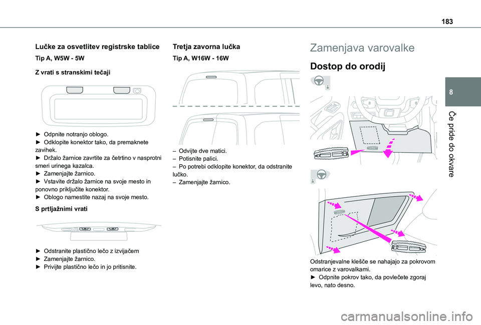 TOYOTA PROACE CITY 2020 Navodila Za Uporabo (in Slovenian) 183
Če pride do okvare
8
Lučke za osvetlitev registrske tablice
Tip A, W5W - 5W
Z vrati s stranskimi tečaji
► Odpnite notranjo oblogo.► Odklopite konektor tako, da premaknete zavihek.► Dr TOYOTA PROACE CITY 2020 Navodila Za Uporabo (in Slovenian) 183
Če pride do okvare
8
Lučke za osvetlitev registrske tablice
Tip A, W5W - 5W
Z vrati s stranskimi tečaji
► Odpnite notranjo oblogo.► Odklopite konektor tako, da premaknete zavihek.► Dr