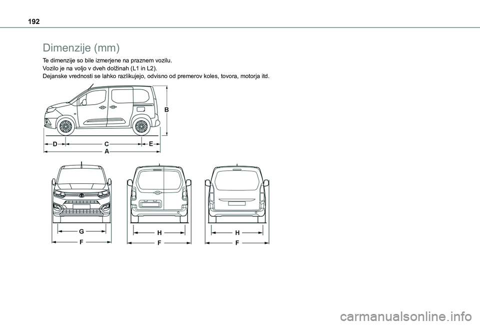 TOYOTA PROACE CITY 2020  Navodila Za Uporabo (in Slovenian) 192
Dimenzije (mm)
Te dimenzije so bile izmerjene na praznem vozilu.Vozilo je na voljo v dveh dolžinah (L1 in L2).Dejanske vrednosti se lahko razlikujejo, odvisno od premerov koles, tovo\
ra, motorja
