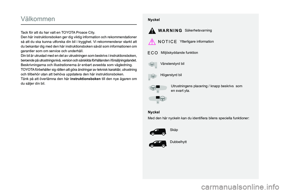 TOYOTA PROACE CITY 2020  Bruksanvisningar (in Swedish)  
  
 
  
 
  
  
   
   
 
  
   
  
    
   
Välkommen
Tack för att du har valt en TOYOTA Proace City.Den här instruktionsboken ger dig viktig information och rekommendationer så att du ska kunn