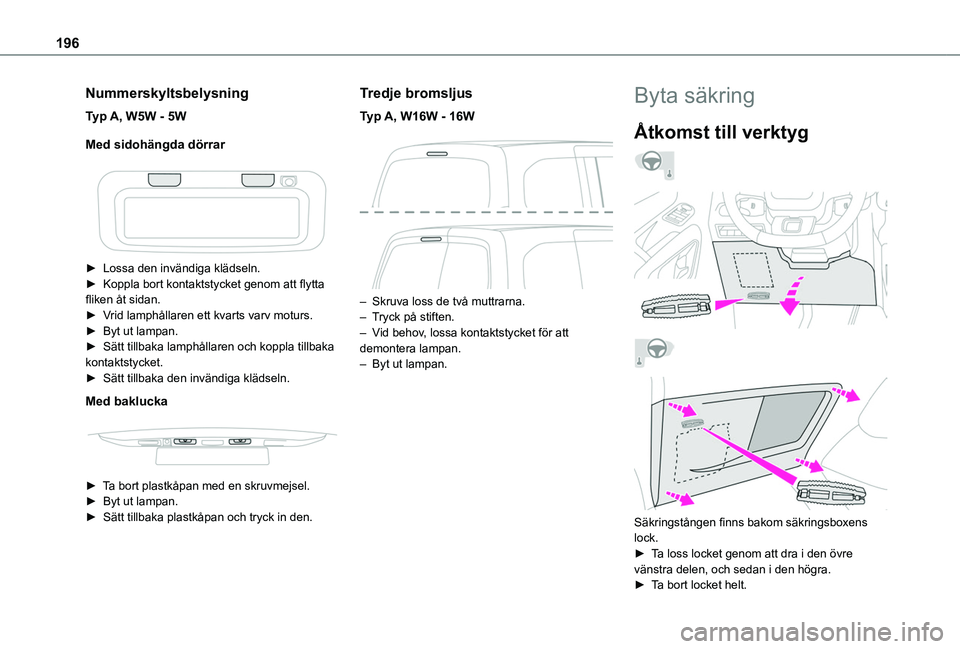 TOYOTA PROACE CITY 2020  Bruksanvisningar (in Swedish) 196
Nummerskyltsbelysning
Typ A, W5W - 5W
Med sidohängda dörrar
 
 
► Lossa den invändiga klädseln.► Koppla bort kontaktstycket genom att flytta fliken åt sidan. ► Vrid lamphållaren ett kv