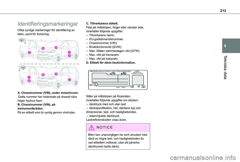 TOYOTA PROACE CITY 2020 Bruksanvisningar (in Swedish) 213
Tekniska data
9
Identifieringsmarkeringar
Olika synliga markeringar för identifiering av bilen, samt för forskning.
A. Chassinummer (VIN), under motorhuven. Detta nummer har instansats på ch TOYOTA PROACE CITY 2020 Bruksanvisningar (in Swedish) 213
Tekniska data
9
Identifieringsmarkeringar
Olika synliga markeringar för identifiering av bilen, samt för forskning.
A. Chassinummer (VIN), under motorhuven. Detta nummer har instansats på ch