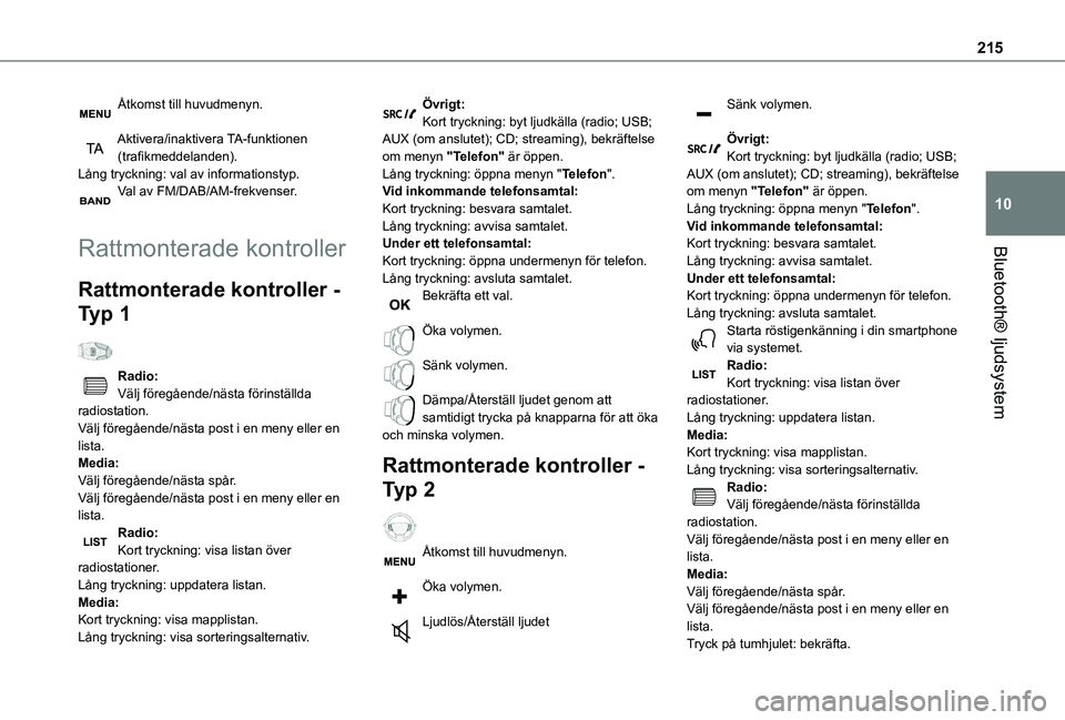 TOYOTA PROACE CITY 2020 Bruksanvisningar (in Swedish) 215
Bluetooth® ljudsystem
10
Åtkomst till huvudmenyn.
Aktivera/inaktivera TA-funktionen (trafikmeddelanden).Lång tryckning: val av informationstyp.Val av FM/DAB/AM-frekvenser.
Rattmonterade kontr TOYOTA PROACE CITY 2020 Bruksanvisningar (in Swedish) 215
Bluetooth® ljudsystem
10
Åtkomst till huvudmenyn.
Aktivera/inaktivera TA-funktionen (trafikmeddelanden).Lång tryckning: val av informationstyp.Val av FM/DAB/AM-frekvenser.
Rattmonterade kontr