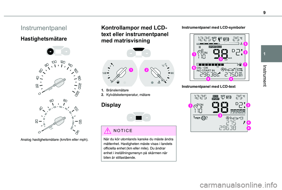 TOYOTA PROACE CITY 2020  Bruksanvisningar (in Swedish) 9
Instrument
1
Instrumentpanel
Hastighetsmätare 
  
 
Analog hastighetsmätare (km/tim eller mph).
Kontrollampor med LCD-
text eller instrumentpanel 
med matrisvisning 
 
1.Bränslemätare
2.Kylväts