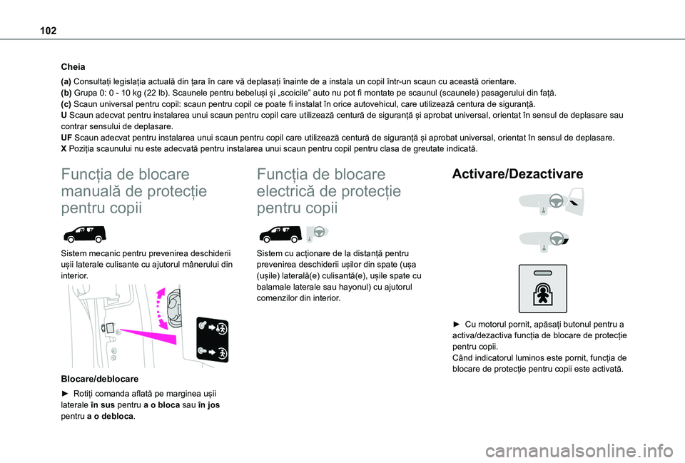 TOYOTA PROACE CITY 2020 Manual de utilizare (in Romanian) 102
Cheia
(a) Consultați legislația actuală din țara în care vă deplasați înainte de a instala un copil într-un scaun cu această orientare.(b) Grupa 0: 0 - 10 kg (22 lb). Scaunele pentru beb TOYOTA PROACE CITY 2020 Manual de utilizare (in Romanian) 102
Cheia
(a) Consultați legislația actuală din țara în care vă deplasați înainte de a instala un copil într-un scaun cu această orientare.(b) Grupa 0: 0 - 10 kg (22 lb). Scaunele pentru beb