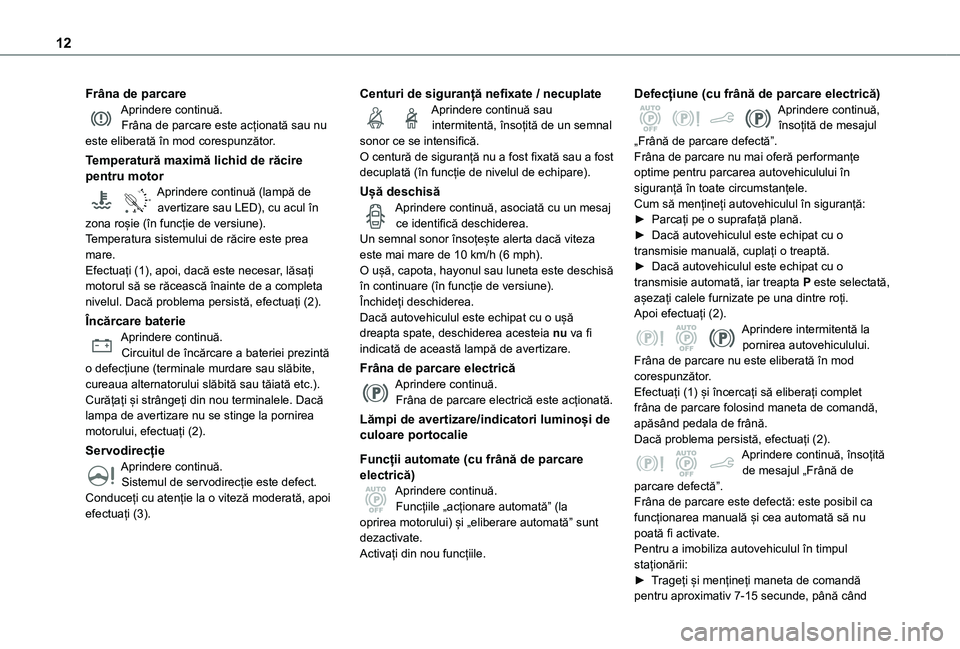 TOYOTA PROACE CITY 2020  Manual de utilizare (in Romanian) 12
Frâna de parcareAprindere continuă.Frâna de parcare este acționată sau nu este eliberată în mod corespunzător.
Temperatură maximă lichid de răcire pentru motor
90°CAprindere continuă (