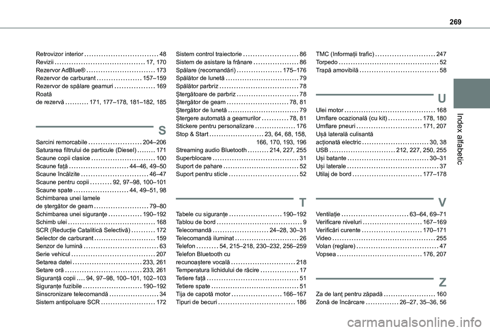 TOYOTA PROACE CITY 2020 Manual de utilizare (in Romanian) 269
Index alfabetic
Retrovizor interior 48Revizii 17, 170Rezervor AdBlue® 173Rezervor de carburant 157–159Rezervor de spălare geamuri 169Roată de rezervă 171, 177–178, 181–182, TOYOTA PROACE CITY 2020 Manual de utilizare (in Romanian) 269
Index alfabetic
Retrovizor interior 48Revizii 17, 170Rezervor AdBlue® 173Rezervor de carburant 157–159Rezervor de spălare geamuri 169Roată de rezervă 171, 177–178, 181–182,
