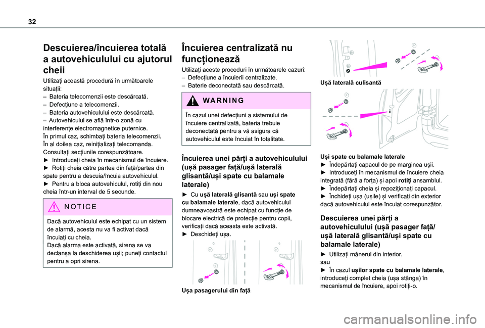 TOYOTA PROACE CITY 2020  Manual de utilizare (in Romanian) 32
Descuierea/încuierea totală 
a autovehiculului cu ajutorul 
cheii
Utilizați această procedură în următoarele situații:– Bateria telecomenzii este descărcată.– Defecțiune a telecomenz