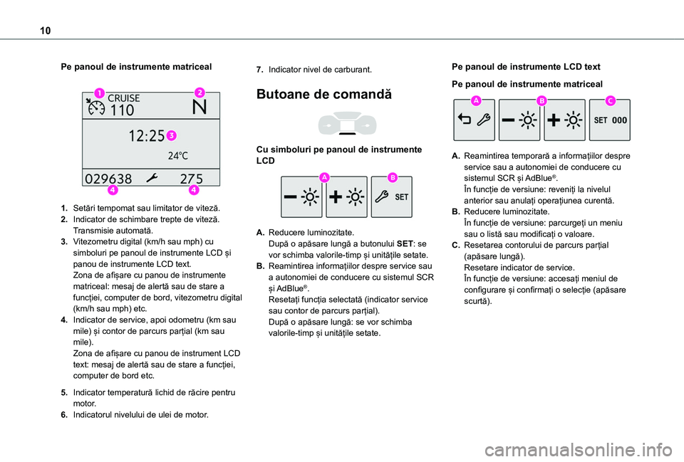 TOYOTA PROACE CITY 2020 Manual de utilizare (in Romanian) 10
Pe panoul de instrumente matriceal
1.Setări tempomat sau limitator de viteză.
2.Indicator de schimbare trepte de viteză.Transmisie automată.
3.Vitezometru digital (km/h sau mph) cu simboluri TOYOTA PROACE CITY 2020 Manual de utilizare (in Romanian) 10
Pe panoul de instrumente matriceal
1.Setări tempomat sau limitator de viteză.
2.Indicator de schimbare trepte de viteză.Transmisie automată.
3.Vitezometru digital (km/h sau mph) cu simboluri