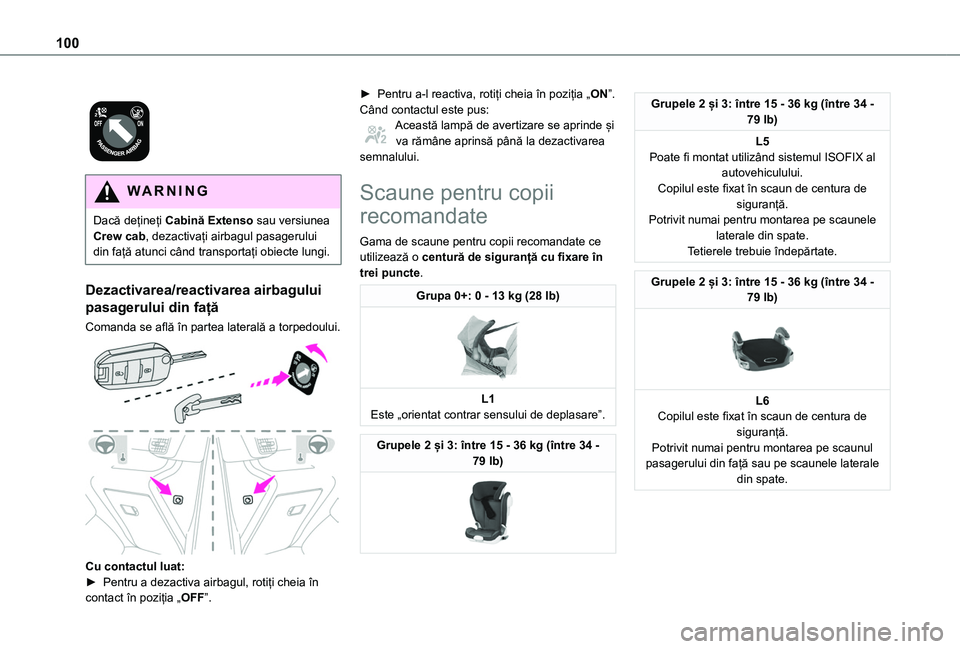 TOYOTA PROACE CITY 2020 Manual de utilizare (in Romanian) 100
WARNI NG
Dacă dețineți Cabină Extenso sau versiunea Crew cab, dezactivați airbagul pasagerului din față atunci când transportați obiecte lungi.
Dezactivarea/reactivarea airbagului
pa TOYOTA PROACE CITY 2020 Manual de utilizare (in Romanian) 100
WARNI NG
Dacă dețineți Cabină Extenso sau versiunea Crew cab, dezactivați airbagul pasagerului din față atunci când transportați obiecte lungi.
Dezactivarea/reactivarea airbagului
pa