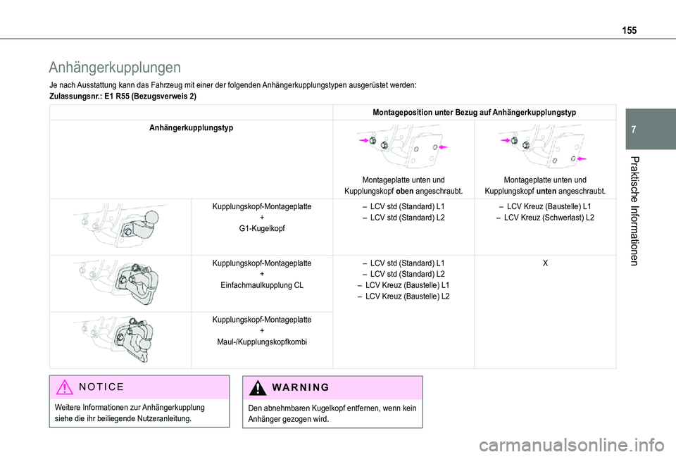 TOYOTA PROACE CITY 2021 Betriebsanleitungen (in German) 155
Praktische Informationen
7
Anhängerkupplungen
Je nach Ausstattung kann das Fahrzeug mit einer der folgenden Anhängerkupplungstypen ausgerüstet werden:Zulassungsnr.: E1 R55 (Bezugsverweis 2)
Mon TOYOTA PROACE CITY 2021 Betriebsanleitungen (in German) 155
Praktische Informationen
7
Anhängerkupplungen
Je nach Ausstattung kann das Fahrzeug mit einer der folgenden Anhängerkupplungstypen ausgerüstet werden:Zulassungsnr.: E1 R55 (Bezugsverweis 2)
Mon