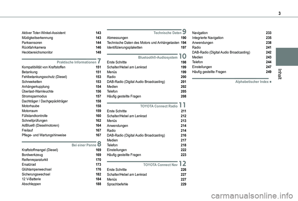 TOYOTA PROACE CITY 2021  Betriebsanleitungen (in German) 3
Inhalt
Aktiver Toter-Winkel-Assistent  143Müdigkeitserkennung  143Parksensoren  144Rückfahrkamera  146Heckbereichsmonitor  148
 7Praktische InformationenKompatibilität von Kraftstoffen  151Betank