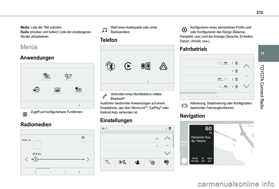 TOYOTA PROACE CITY 2021  Betriebsanleitungen (in German) 213
TOYOTA Connect Radio
11
Media: Liste der Titel aufrufen.Radio (drücken und halten): Liste der empfangenen Sender aktualisieren.
Menüs
Anwendungen 
 
Zugriff auf konfigurierbare Funktionen. 
Radi