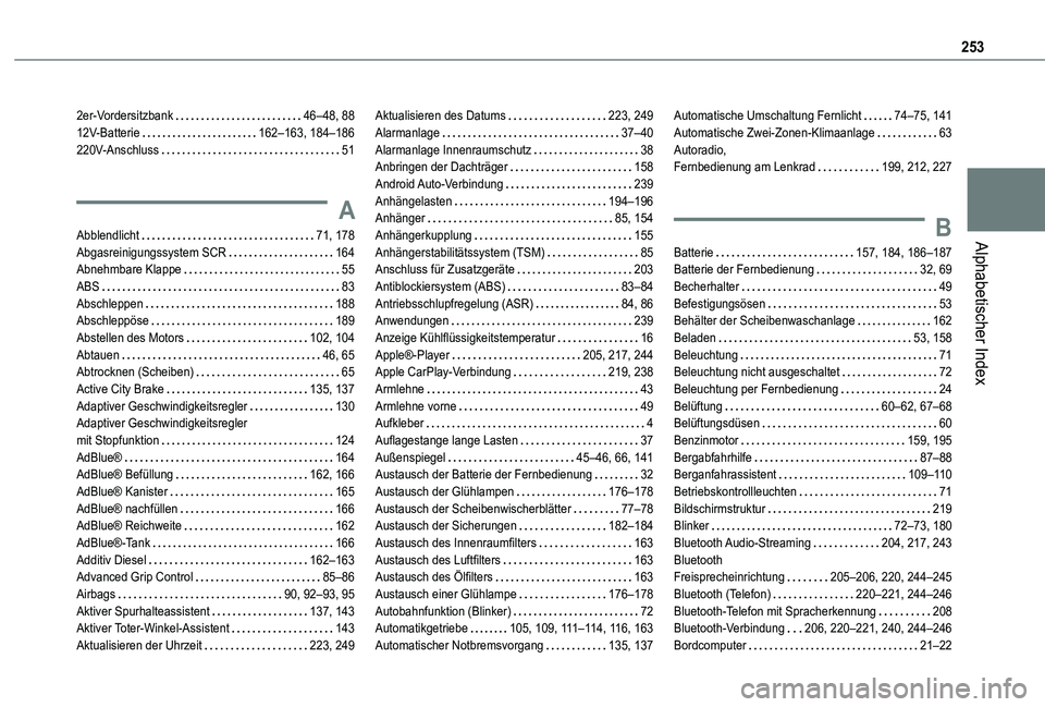 TOYOTA PROACE CITY 2021 Betriebsanleitungen (in German) 253
Alphabetischer Index
2er-Vordersitzbank 46–48, 8812V-Batterie 162–163, 184–186220V-Anschluss 51
A
Abblendlicht 71, 178Abgasreinigungssystem SCR 164Abnehmbare Klappe 55ABS 83Abs TOYOTA PROACE CITY 2021 Betriebsanleitungen (in German) 253
Alphabetischer Index
2er-Vordersitzbank 46–48, 8812V-Batterie 162–163, 184–186220V-Anschluss 51
A
Abblendlicht 71, 178Abgasreinigungssystem SCR 164Abnehmbare Klappe 55ABS 83Abs