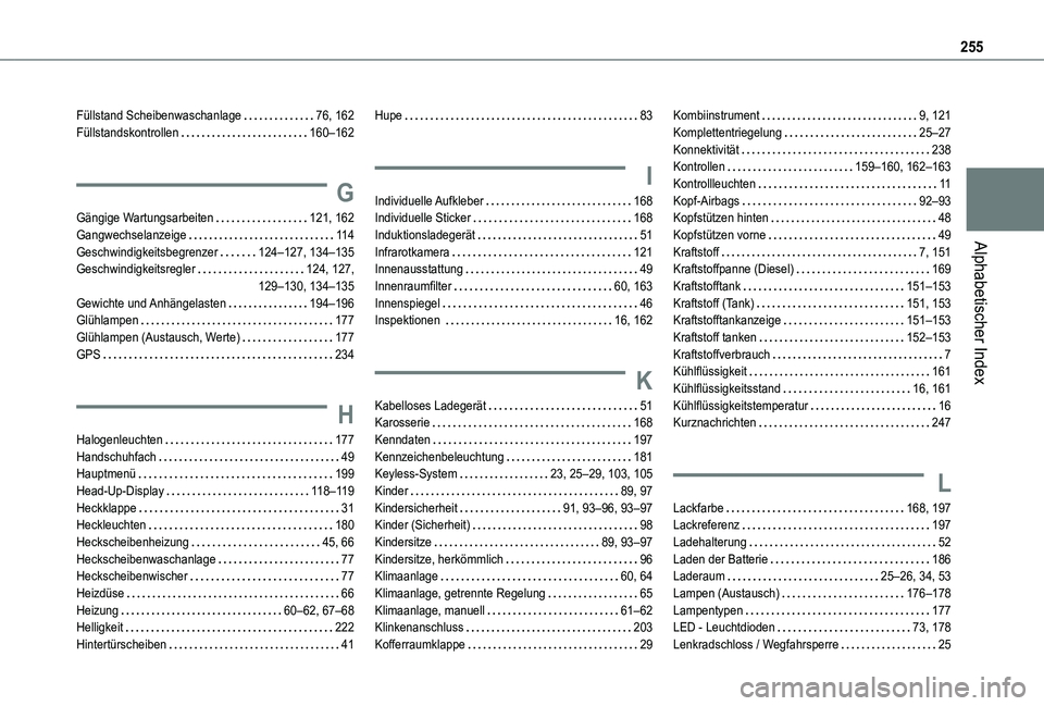TOYOTA PROACE CITY 2021 Betriebsanleitungen (in German) 255
Alphabetischer Index
Füllstand Scheibenwaschanlage 76, 162Füllstandskontrollen 160–162
G
Gängige Wartungsarbeiten 121, 162Gangwechselanzeige 11 4Geschwindigkeitsbegrenzer 124–127, TOYOTA PROACE CITY 2021 Betriebsanleitungen (in German) 255
Alphabetischer Index
Füllstand Scheibenwaschanlage 76, 162Füllstandskontrollen 160–162
G
Gängige Wartungsarbeiten 121, 162Gangwechselanzeige 11 4Geschwindigkeitsbegrenzer 124–127,
