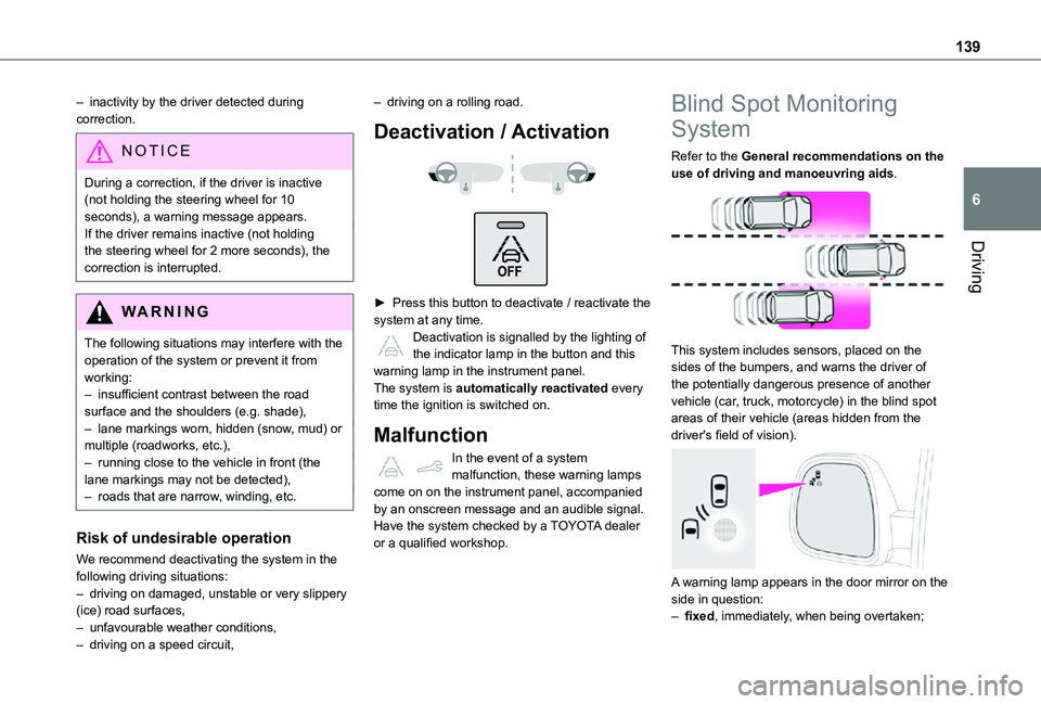 TOYOTA PROACE CITY 2021 Owners Manual 139
Driving
6
– inactivity by the driver detected during correction.
NOTIC E
During a correction, if the driver is inactive (not holding the steering wheel for 10 seconds), a warning message appears TOYOTA PROACE CITY 2021 Owners Manual 139
Driving
6
– inactivity by the driver detected during correction.
NOTIC E
During a correction, if the driver is inactive (not holding the steering wheel for 10 seconds), a warning message appears