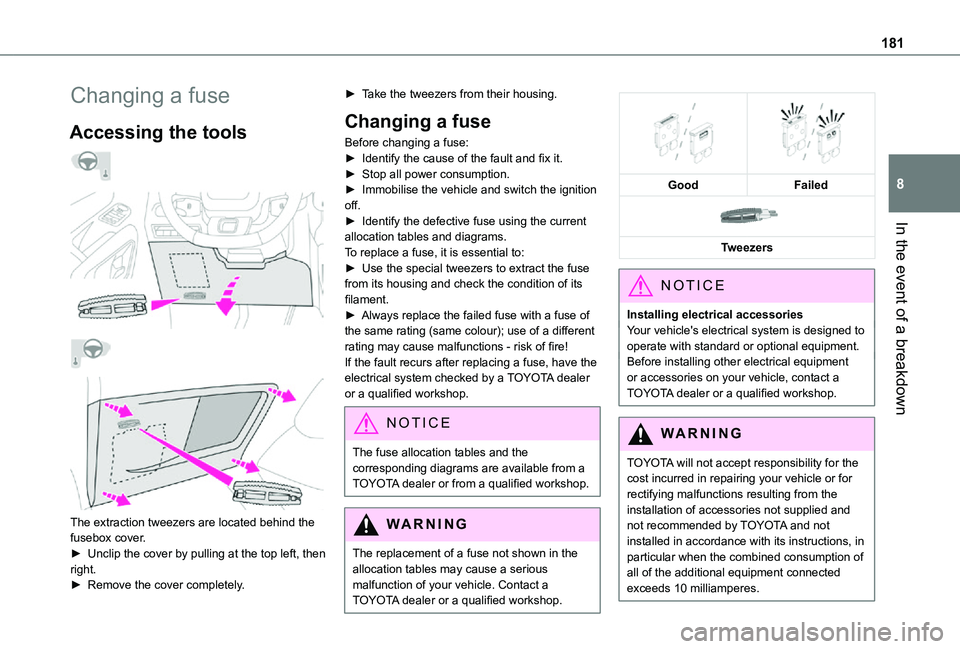 TOYOTA PROACE CITY 2021  Owners Manual 181
In the event of a breakdown
8
Changing a fuse
Accessing the tools 
  
  
  
 
The extraction tweezers are located behind the fusebox cover.
► Unclip the cover by pulling at the top left, then ri