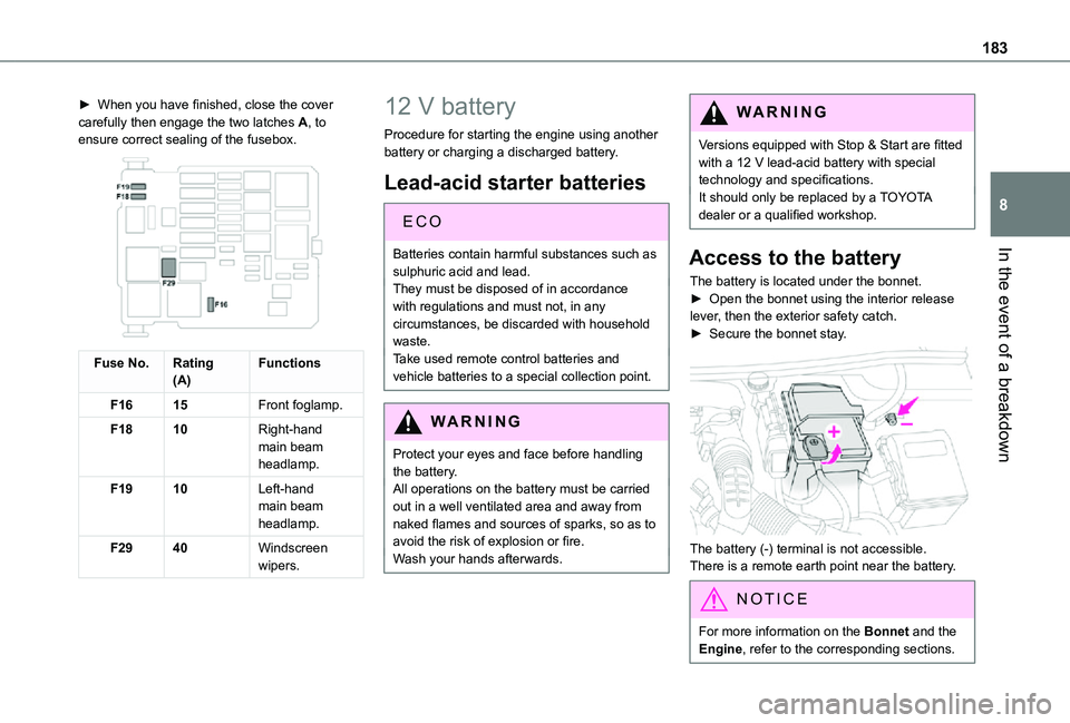 TOYOTA PROACE CITY 2021  Owners Manual 183
In the event of a breakdown
8
► When you have finished, close the cover carefully then engage the two latches A, to ensure correct sealing of the fusebox. 
 
Fuse No.Rating(A)Functions
F1615Fron