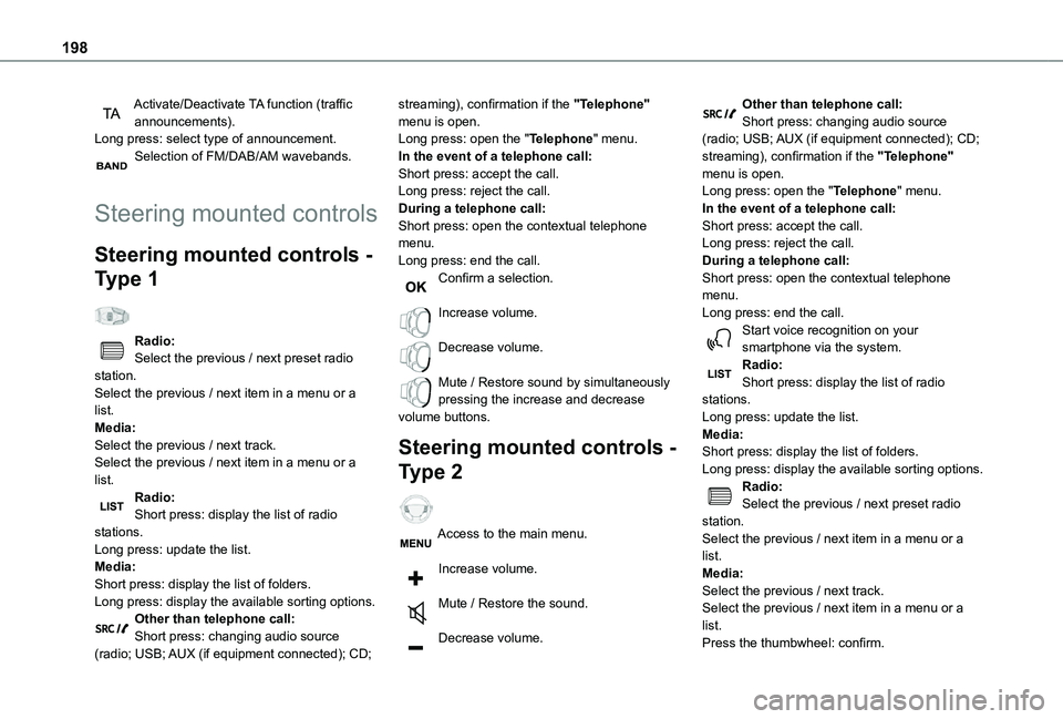 TOYOTA PROACE CITY 2021 Owners Manual 198
Activate/Deactivate TA function (traffic announcements).Long press: select type of announcement.Selection of FM/DAB/AM wavebands.
Steering mounted controls
Steering mounted controls -
Type 1
R TOYOTA PROACE CITY 2021 Owners Manual 198
Activate/Deactivate TA function (traffic announcements).Long press: select type of announcement.Selection of FM/DAB/AM wavebands.
Steering mounted controls
Steering mounted controls -
Type 1
R