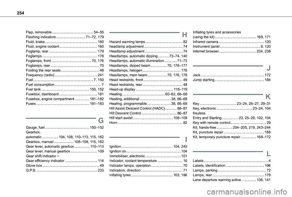 TOYOTA PROACE CITY 2021 Owners Manual 254
Flap, removable 54–55Flashing indicators 71–72, 179Fluid, brake 160Fluid, engine coolant 160Foglamp, rear 179Foglamps 178Foglamps, front 70, 176Foglamps, rear 70Folding the rea TOYOTA PROACE CITY 2021 Owners Manual 254
Flap, removable 54–55Flashing indicators 71–72, 179Fluid, brake 160Fluid, engine coolant 160Foglamp, rear 179Foglamps 178Foglamps, front 70, 176Foglamps, rear 70Folding the rea