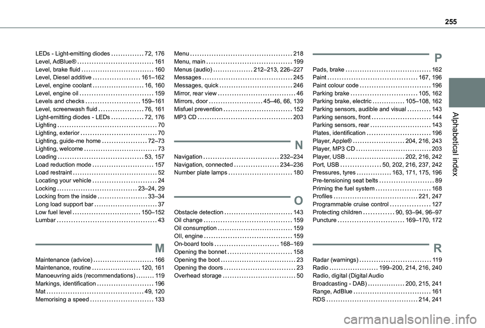 TOYOTA PROACE CITY 2021 Owners Manual 255
Alphabetical index
LEDs - Light-emitting diodes 72, 176Level, AdBlue® 161Level, brake fluid 160Level, Diesel additive 161–162Level, engine coolant 16, 160Level, engine oil 159Levels TOYOTA PROACE CITY 2021 Owners Manual 255
Alphabetical index
LEDs - Light-emitting diodes 72, 176Level, AdBlue® 161Level, brake fluid 160Level, Diesel additive 161–162Level, engine coolant 16, 160Level, engine oil 159Levels