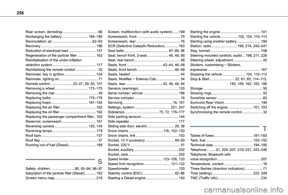 TOYOTA PROACE CITY 2021 Owners Manual 256
Rear screen, demisting 66Recharging the battery 184–185Recirculation, air 62–63Recovery 186Reduction of electrical load 157Regeneration of the particle filter 162Reinitialisation o TOYOTA PROACE CITY 2021 Owners Manual 256
Rear screen, demisting 66Recharging the battery 184–185Recirculation, air 62–63Recovery 186Reduction of electrical load 157Regeneration of the particle filter 162Reinitialisation o