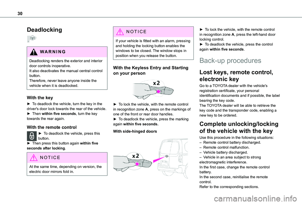 TOYOTA PROACE CITY 2021  Owners Manual 30
Deadlocking  
WARNI NG
Deadlocking renders the exterior and interior door controls inoperative.It also deactivates the manual central control button.
Therefore, never leave anyone inside the vehicl