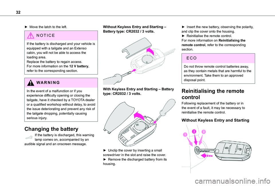 TOYOTA PROACE CITY 2021 Owners Guide 32
► Move the latch to the left.
NOTIC E
If the battery is discharged and your vehicle is equipped with a tailgate and an Extenso cabin, you will not be able to access the loading area.Replace the b TOYOTA PROACE CITY 2021 Owners Guide 32
► Move the latch to the left.
NOTIC E
If the battery is discharged and your vehicle is equipped with a tailgate and an Extenso cabin, you will not be able to access the loading area.Replace the b