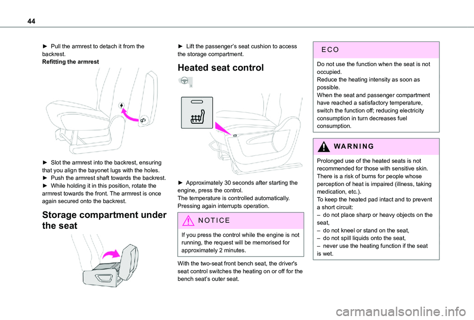 TOYOTA PROACE CITY 2021 Service Manual 44
► Pull the armrest to detach it from the backrest.Refitting the armrest
► Slot the armrest into the backrest, ensuring that you align the bayonet lugs with the holes.► Push the armrest sha TOYOTA PROACE CITY 2021 Service Manual 44
► Pull the armrest to detach it from the backrest.Refitting the armrest
► Slot the armrest into the backrest, ensuring that you align the bayonet lugs with the holes.► Push the armrest sha