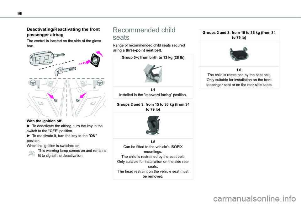 TOYOTA PROACE CITY 2021 Owners Manual 96
Deactivating/Reactivating the front
passenger airbag
The control is located on the side of the glove box.
With the ignition off:► To deactivate the airbag, turn the key in the switch to the & TOYOTA PROACE CITY 2021 Owners Manual 96
Deactivating/Reactivating the front
passenger airbag
The control is located on the side of the glove box.
With the ignition off:► To deactivate the airbag, turn the key in the switch to the &