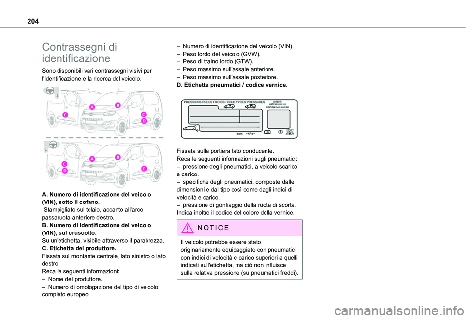 TOYOTA PROACE CITY 2021 Manuale duso (in Italian) 204
Contrassegni di
identificazione
Sono disponibili vari contrassegni visivi per l'identificazione e la ricerca del veicolo.
A. Numero di identificazione del veicolo (VIN), sotto il cofano. S TOYOTA PROACE CITY 2021 Manuale duso (in Italian) 204
Contrassegni di
identificazione
Sono disponibili vari contrassegni visivi per l'identificazione e la ricerca del veicolo.
A. Numero di identificazione del veicolo (VIN), sotto il cofano. S