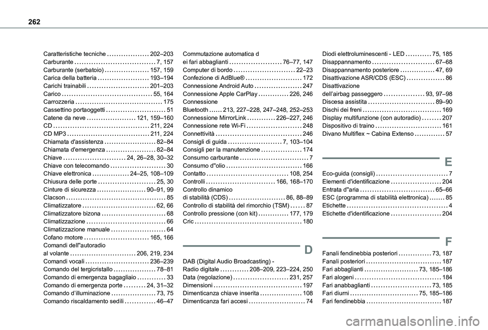 TOYOTA PROACE CITY 2021 Manuale duso (in Italian) 262
Caratteristiche tecniche 202–203Carburante 7, 157Carburante (serbatoio) 157, 159Carica della batteria 193–194Carichi trainabili 201–203Carico 55, 164Carrozzeria 175Cassettino p TOYOTA PROACE CITY 2021 Manuale duso (in Italian) 262
Caratteristiche tecniche 202–203Carburante 7, 157Carburante (serbatoio) 157, 159Carica della batteria 193–194Carichi trainabili 201–203Carico 55, 164Carrozzeria 175Cassettino p
