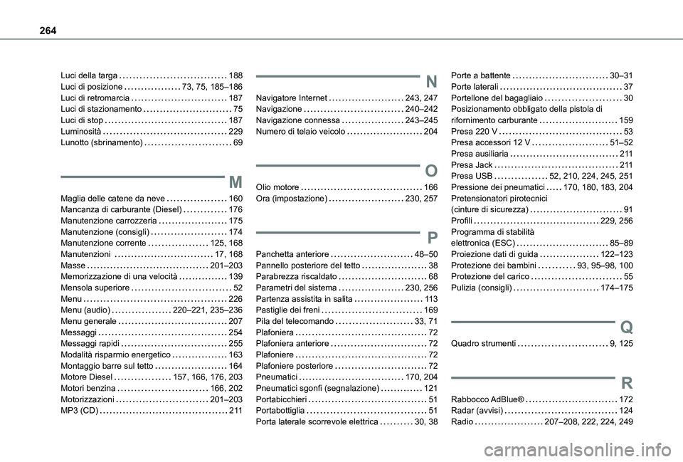 TOYOTA PROACE CITY 2021 Manuale duso (in Italian) 264
Luci della targa 188Luci di posizione 73, 75, 185–186Luci di retromarcia 187Luci di stazionamento 75Luci di stop 187Luminosità 229Lunotto (sbrinamento) 69
M
Maglia delle catene da TOYOTA PROACE CITY 2021 Manuale duso (in Italian) 264
Luci della targa 188Luci di posizione 73, 75, 185–186Luci di retromarcia 187Luci di stazionamento 75Luci di stop 187Luminosità 229Lunotto (sbrinamento) 69
M
Maglia delle catene da