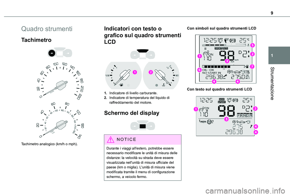 TOYOTA PROACE CITY 2021  Manuale duso (in Italian) 9
Strumentazione
1
Quadro strumenti
Tachimetro 
  
 
Tachimetro analogico (km/h o mph).
Indicatori con testo o 
grafico sul quadro strumenti 
LCD 
 
1.Indicatore di livello carburante.
2.Indicatore di